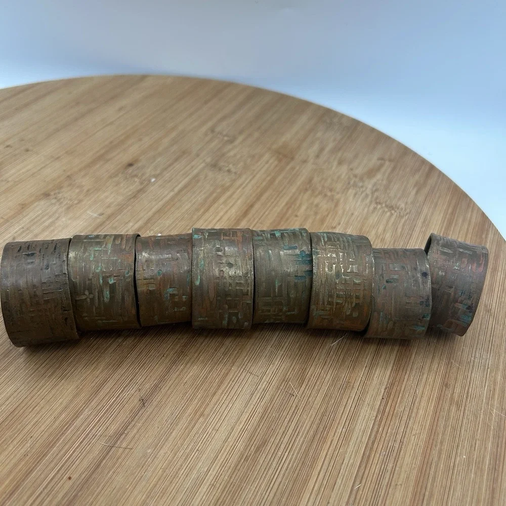 Vintage Copper Set of 6 Embossed Solid Copper‎ Napkin Rings Tooled Rattan